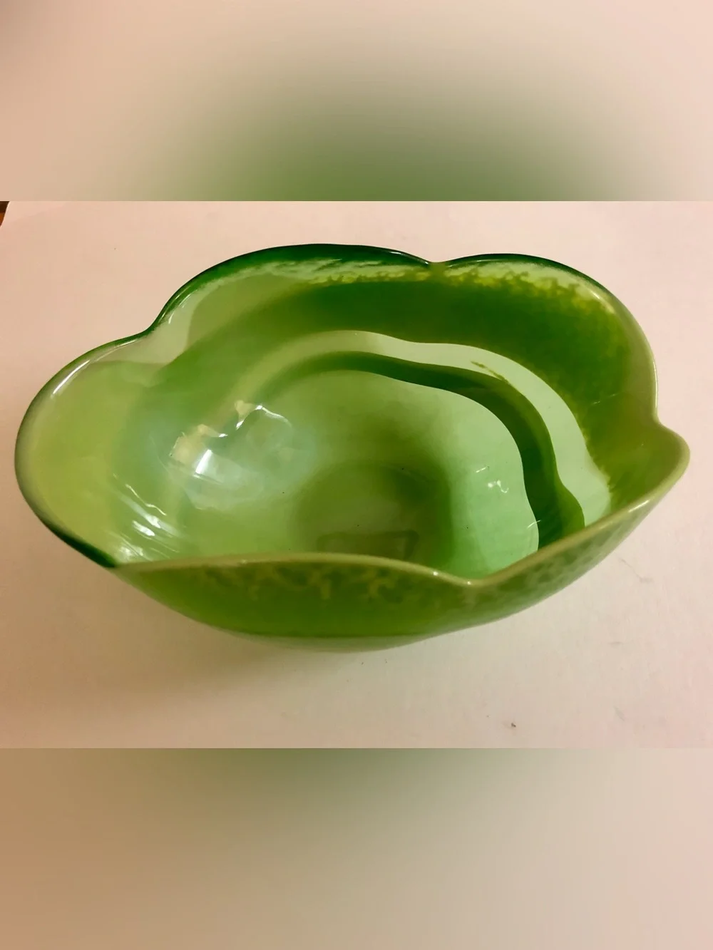 Crate &Barrel Lime Green Scalloped Handblown Glass Bowl Italy
